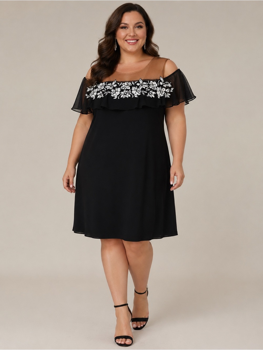 MSK Black Cold-Shoulder Floral-Embroidered Dress size 1x